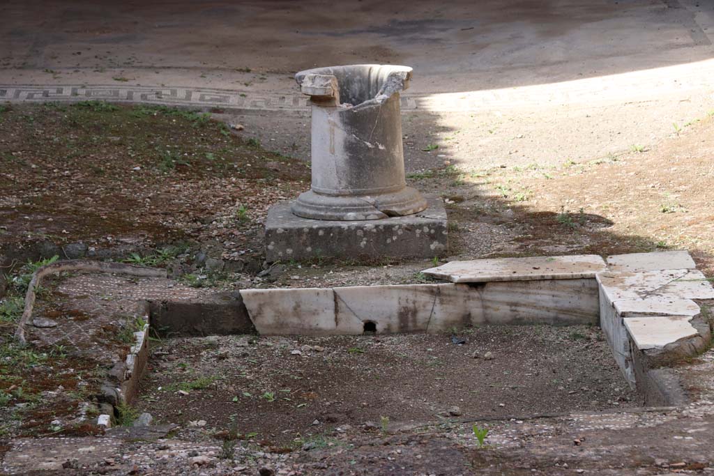 VI.17 Herculaneum, September 2017. Looking towards impluvium in atrium, with marble puteal.
Under the marble edging there seems to be a previous diamond patterned floor. Photo courtesy of Klaus Heese.
